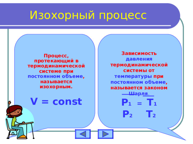 Изохорный процесс   Процесс, протекающий в термодинамической системе при постоянном объеме , называется изохорным. V = const  Зависимость давления термодинамической системы от температуры при постоянном объеме , называется законом Шарля . P 1 =  T 1 P 2 T 2  