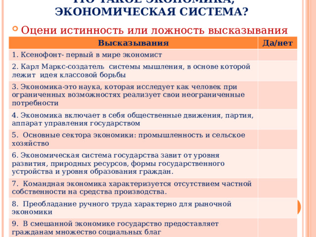 ЧТО ТАКОЕ ЭКОНОМИКА, ЭКОНОМИЧЕСКАЯ СИСТЕМА? Оцени истинность или ложность высказывания ( «да»/»нет»)   Высказывания Да/нет 1. Ксенофонт- первый в мире экономист 2. Карл Маркс-создатель системы мышления, в основе которой лежит идея классовой борьбы 3. Экономика-это наука, которая исследует как человек при ограниченных возможностях реализует свои неограниченные потребности 4. Экономика включает в себя общественные движения, партия, аппарат управления государством 5. Основные сектора экономики: промышленность и сельское хозяйство 6. Экономическая система государства завит от уровня развития, природных ресурсов, формы государственного устройства и уровня образования граждан. 7. Командная экономика характеризуется отсутствием частной собственности на средства производства. 8. Преобладание ручного труда характерно для рыночной экономики 9. В смешанной экономике государство предоставляет гражданам множество социальных благ 10. Производственные отношения- это отношения, возникающие в процессе общественного производства и обмена. 