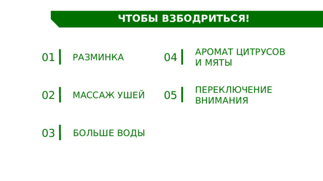 ЧТОБЫ ВЗБОДРИТЬСЯ! Аромат цитрусов и мяты 01 04 Разминка Переключение внимания 05 02 Массаж ушей 03 Больше воды 