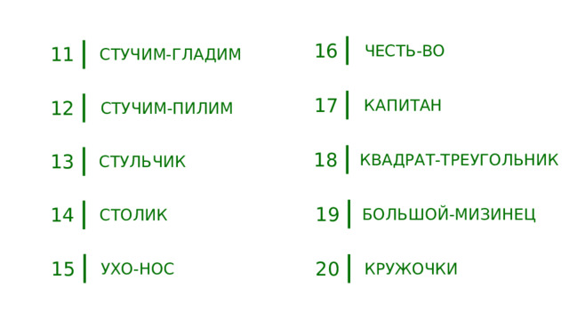 16 ЧЕСТЬ-ВО 11 СТУЧИМ-ГЛАДИМ 17 КАПИТАН 12 СТУЧИМ-ПИЛИМ 18 13 КВАДРАТ-ТРЕУГОЛЬНИК СТУЛЬЧИК 19 14 БОЛЬШОЙ-МИЗИНЕЦ СТОЛИК 15 20 УХО-НОС КРУЖОЧКИ 