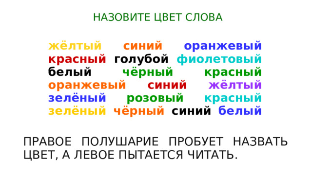 Назовите цвет слова жёлтый  синий  оранжевый  красный голубой фиолетовый белый чёрный  красный  оранжевый  синий  жёлтый  зелёный  розовый  красный  зелёный  чёрный синий белый  ш ото Правое полушарие пробует назвать цвет, а левое пытается читать. 