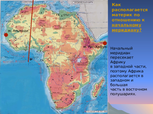 Как располагается материк по отношению к начальному меридиану? м. Альмади м. Рас-Хафун Начальный меридиан пересекает Африку в западной части, поэтому Африка располагается в западном и большая часть в восточном полушариях. 0 о 