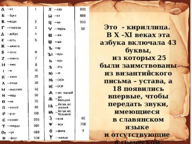 Это - кириллица. В X –XI веках эта азбука включала 43 буквы,  из которых 25 были заимствованы из византийского письма – устава, а 18 появились впервые, чтобы передать звуки, имеющиеся в славянском языке и отсутствующие в греческом. 