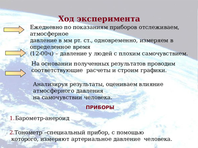 Ход  эксперимента Ежедневно по показаниям приборов отслеживаем,  атмосферное давление в мм рт. ст., одновременно, измеряем в определенное  время (12-00ч) – давление у людей с плохим самочувствием. На основании полученных результатов проводим соответствующие расчеты и строим  графики. Анализируя результаты, оцениваем влияние атмосферного  давления на самочувствии  человека. ПРИБОРЫ Барометр-анероид Тонометр – специальный прибор, с помощью которого, измеряют артериальное давление человека. 