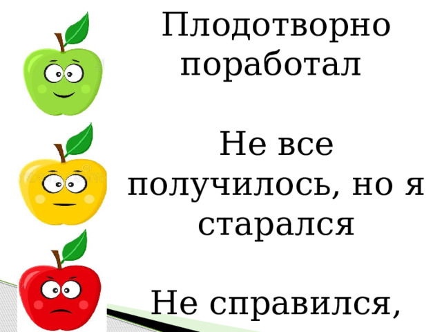 Плодотворно поработал Не все получилось, но я старался Не справился, нужно еще работать 