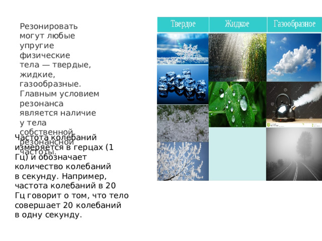 Резонировать могут любые упругие физические тела — твердые, жидкие, газообразные. Главным условием резонанса является наличие у тела собственной резонансной частоты. Частота колебаний измеряется в герцах (1 Гц) и обозначает количество колебаний в секунду. Например, частота колебаний в 20 Гц говорит о том, что тело совершает 20 колебаний в одну секунду. 