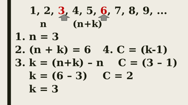 1, 2, 3 , 4, 5, 6 , 7, 8, 9, ...      n (n+k) 1. n = 3       2. (n + k) = 6   4. C = (k-1) 3. k = (n+k) – n  C = (3 – 1)  k = (6 – 3)    C = 2  k = 3 