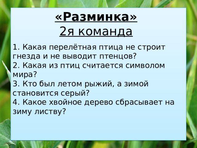 «Разминка»  1. Какая перелётная птица не строит гнезда и не выводит птенцов? 2я команда  2. Какая из птиц считается символом мира? 3. Кто был летом рыжий, а зимой становится серый? 4. Какое хвойное дерево сбрасывает на зиму листву? 
