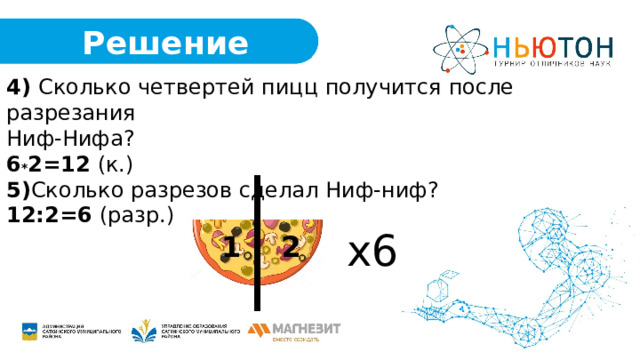  Решение 4) Сколько четвертей пицц получится после разрезания Ниф-Нифа? 6 * 2=12 (к.) 5) Сколько разрезов сделал Ниф-ниф? 12:2=6 (разр.) х6 1 2 