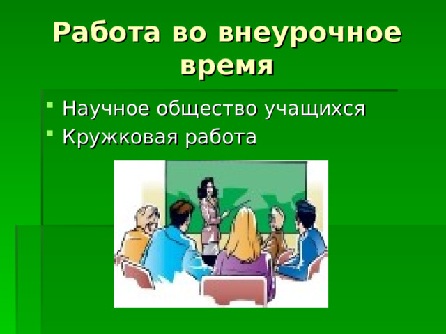 Работа во внеурочное время Научное общество учащихся Кружковая работа 