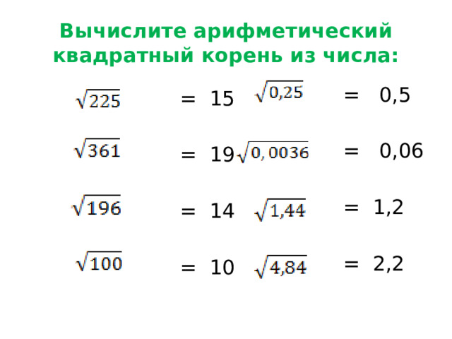 Вычислите арифметический квадратный корень из числа:  = 0,5  = 0,06  = 1,2  = 2,2  = 15  = 19  = 14  = 10 