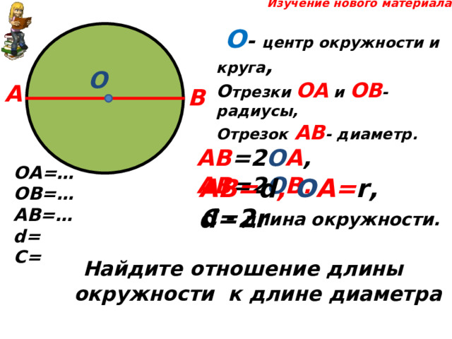  Изучение нового материала  О - центр окружности и круга , О трезки ОА и ОВ - радиусы, Отрезок  АВ - диаметр. О А В АВ =2 О А , АВ =2 О В. ОА=… ОВ=… АВ=… d = С= АВ= d , О А= r , d=2r   С - длина окружности.  Найдите отношение длины окружности к длине диаметра 
