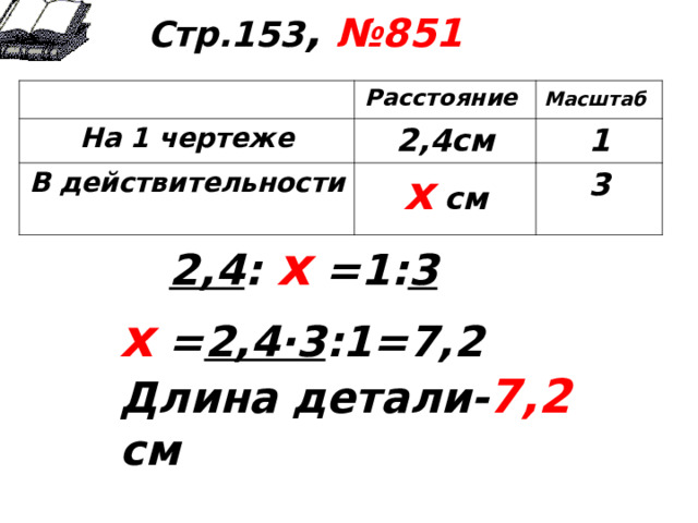 Стр.153 , №851      Расстояние На 1 чертеже Масштаб  2,4см В действительности 1 х см 3   2,4 : х =1: 3 х = 2,4·3 :1=7,2 Длина детали- 7,2  см          