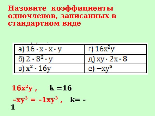 Запишите одночлен в стандартном виде