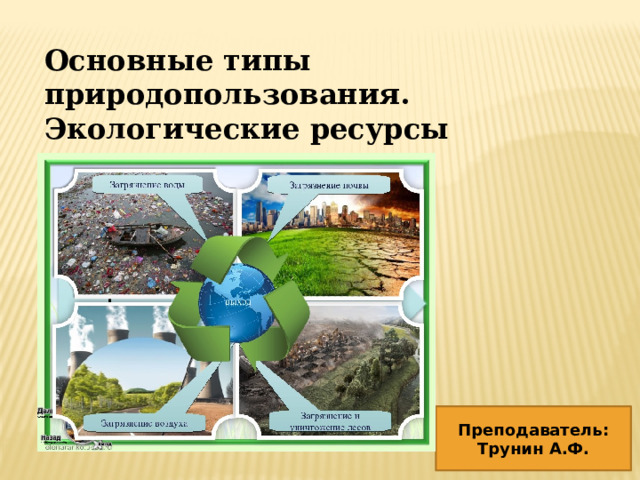 Основные типы природопользования. Экологические ресурсы территории. Преподаватель: Трунин А.Ф. 