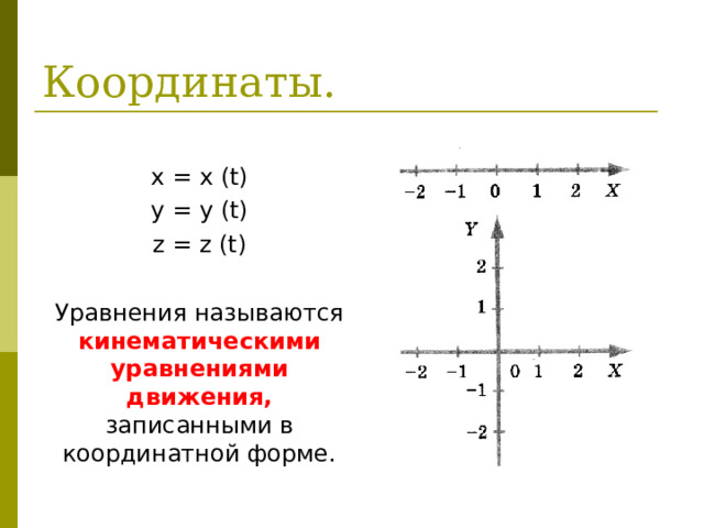 x = x (t) y = y (t) z = z (t) Уравнения называются кинематическими уравнениями движения, записанными в координатной форме. 