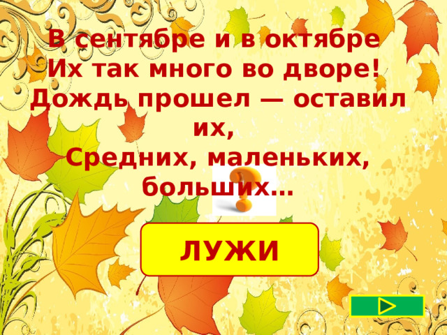 В сентябре и в октябре Их так много во дворе! Дождь прошел — оставил их, Средних, маленьких, больших… ЛУЖИ 