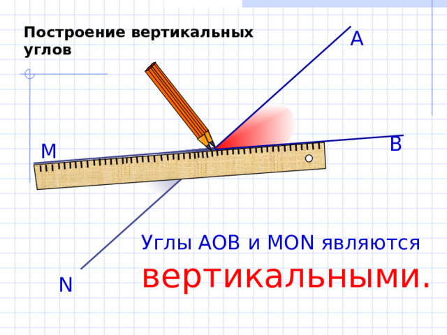 Построение вертикальных углов А В М О Углы АОВ и МО N являются вертикальными.  N 