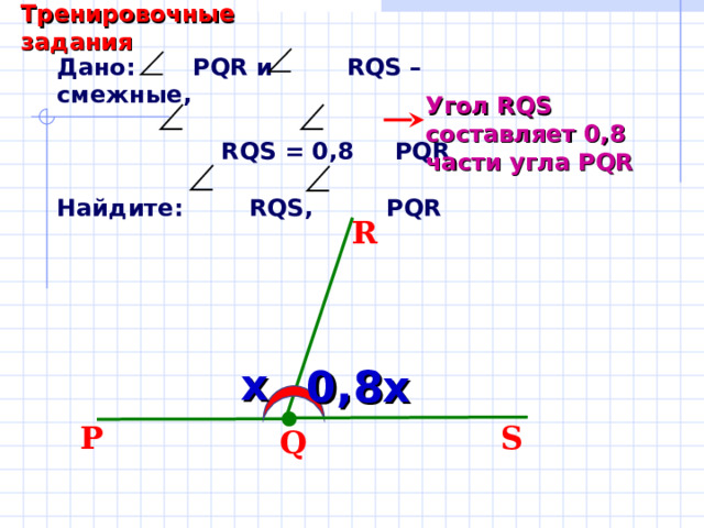 Тренировочные задания Дано: PQR и RQS – смежные,   RQS  = 0,8 PQR  Найдите: RQS , PQR Угол RQS составляет 0,8 части угла PQR R Саврасова С.М., Ястребинецкий Г.А. «Упражнения по планиметрии на готовых чертежах» х 0,8х P S Q 