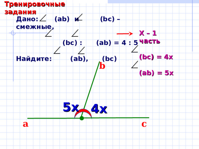 Тренировочные задания Дано: ( ab) и (bc) – смежные,   (bc) :  (ab) = 4 : 5  Найдите: ( ab) , (bc) X – 1 часть  ( bc) = 4x  (ab) = 5x b Саврасова С.М., Ястребинецкий Г.А. «Упражнения по планиметрии на готовых чертежах» 5 х 4 х a c 
