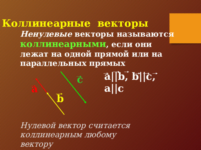Коллинеарные векторы Ненулевые векторы называются коллинеарными , если они лежат на одной прямой или на параллельных прямых a||b, b||c, a||c c a b Нулевой вектор считается коллинеарным любому вектору 5 