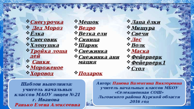 Снегурочка  Дед Мороз  Ёлка  Снеговик  Хлопушка  Тройка лошадей  Санки Мороженое Хоровод Мешок  Ведро Ветка ели  Синица  Шарик  Снежинка  Снежинка анимация  Подарок Лапа ёлки  Мишура  Свечи  Лес Волк  Маска Фейерверк  Фейерверк1  Стол  Автор: Панова Валентина Викторовна учитель начальных классов МБОУ «Селекционная СОШ» Льговского района Курской области 2016 год Шаблон выполнила: учитель начальных классов МАОУ лицея №21 г. Иванова Ранько Елена Алексеевна 
