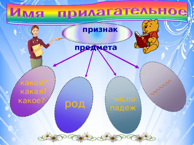  признак  предмета  какой?  какая? какое?  число падеж род 