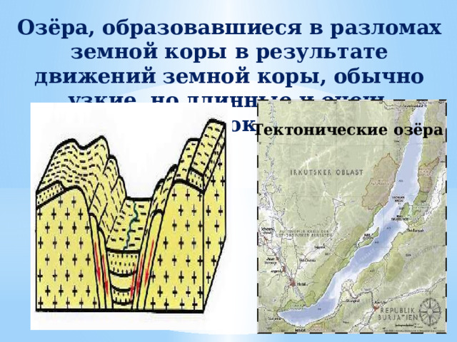 Озёра, образовавшиеся в разломах земной коры в результате движений земной коры, обычно узкие, но длинные и очень глубокие   Тектонические озёра 