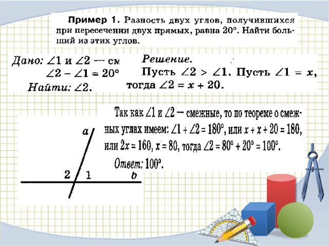 Величины смежных углов пропорциональны числам 4 и 11 найдите разность между этими углами чертеж