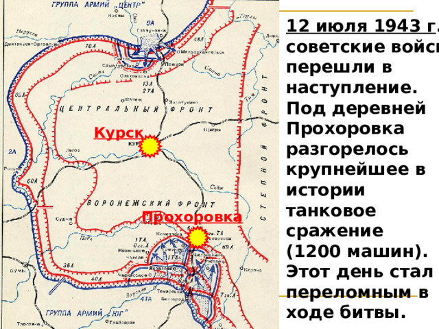 12 июля 1943 г . советские войска перешли в наступление. Под деревней Прохоровка разгорелось крупнейшее в истории танковое сражение (1200 машин). Этот день стал переломным в ходе битвы. Курск  Прохоровка  