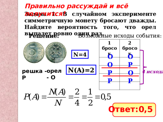 Правильно рассуждай и всё получится! Задача 1. В случайном эксперименте симметричную монету бросают дважды. Найдите вероятность того, что орел выпадет ровно один раз. Возможные исходы события: Решение: 1 бросок 2 бросок N=4 О О О Р N(A)=2 орел - О решка - Р О Р 4 исхода Р Р Ответ: 0,5 