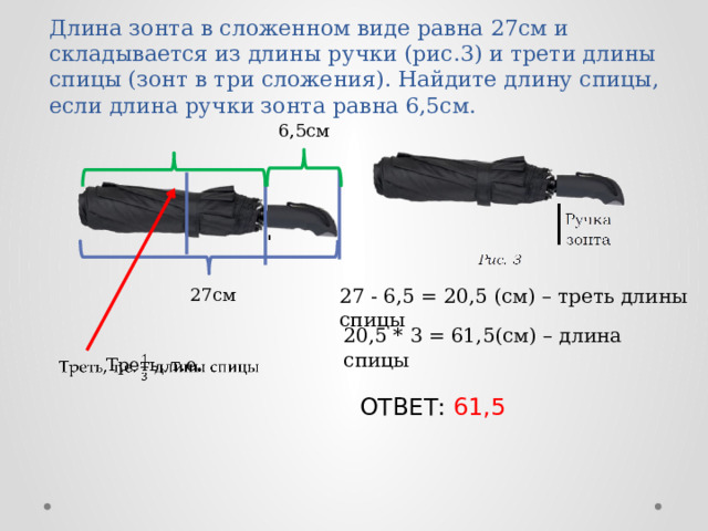 Длина зонта в сложенном виде равна 27см и складывается из длины ручки (рис.3) и трети длины спицы (зонт в три сложения). Найдите длину спицы, если длина ручки зонта равна 6,5см. 6,5см 27см 27 - 6,5 = 20,5 (см) – треть длины спицы 20,5 * 3 = 61,5(см) – длина спицы Треть, т.е.   ОТВЕТ: 61,5 