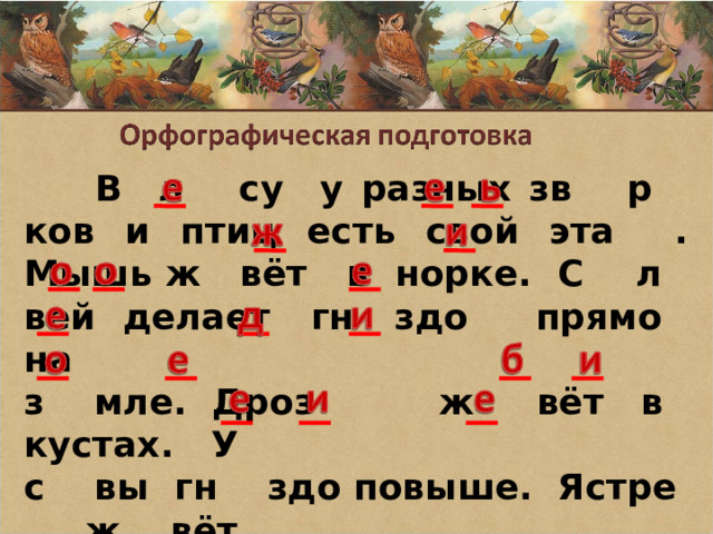  В л су у разных зв р ков и птиц есть свой эта . Мышь ж вёт в норке. С л вей делает гн здо прямо на з мле. Дроз ж вёт в кустах. У с вы гн здо повыше. Ястре ж вёт на самой в рш не дер ва.  