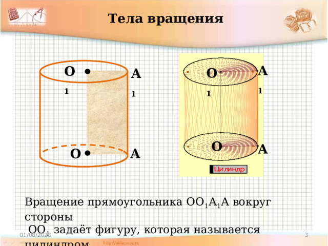 Тела вращения А 1 О 1 О 1 А 1 О А А О Вращение прямоугольника ОО 1 А 1 А вокруг стороны  ОО 1 задаёт фигуру, которая называется цилиндром.  01/08/2023 