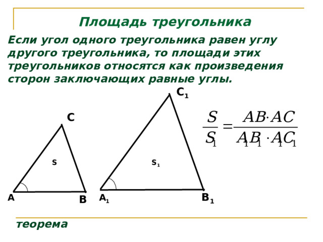 Площадь треугольника Если угол одного треугольника равен углу другого треугольника, то площади этих треугольников относятся как произведения сторон заключающих равные углы. С 1 C S S 1 В 1 А 1 А В теорема 