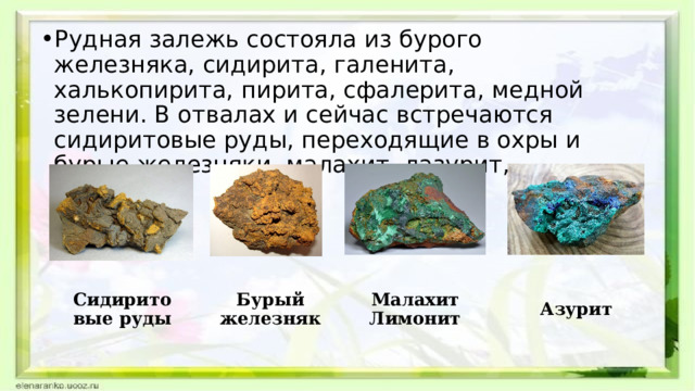 Рудная залежь состояла из бурого железняка, сидирита, галенита, халькопирита, пирита, сфалерита, медной зелени. В отвалах и сейчас встречаются сидиритовые руды, переходящие в охры и бурые железняки, малахит, лазурит, церуссит. Азурит Бурый железняк Малахит Сидиритовые руды Лимонит 