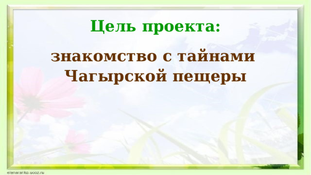 Цель проекта: знакомство с тайнами Чагырской пещеры  