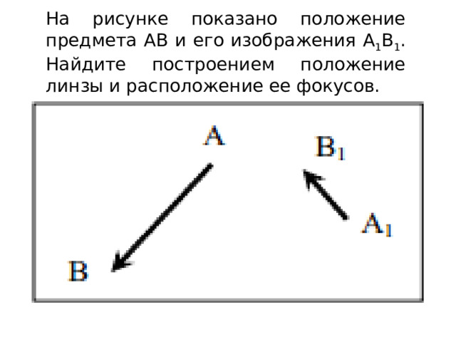 На рисунке показано положение предмета АВ и его изображения А 1 В 1 . Найдите построением положение линзы и расположение ее фокусов. 