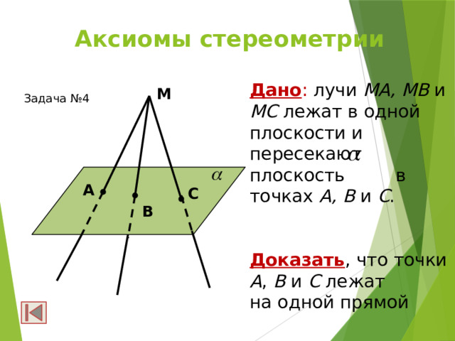 Решение задач на аксиомы и следствия стереометрии 1 Аксиома стереометрии 10 клас