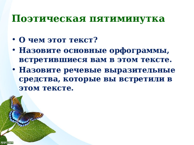 Поэтическая пятиминутка О чем этот текст? Назовите основные орфограммы, встретившиеся вам в этом тексте. Назовите речевые выразительные средства, которые вы встретили в этом тексте. 