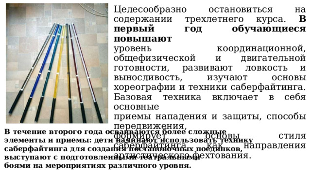 Целесообразно остановиться на содержании трехлетнего курса. В первый год обучающиеся повышают  уровень координационной, общефизической и двигательной готовности, развивают ловкость и выносливость, изучают основы хореографии и техники саберфайтинга. Базовая техника включает в себя основные  приемы нападения и защиты, способы передвижения,  формирует основы стиля саберфайтинга как направления артистического фехтования. В течение второго года осваиваются более сложные  элементы и приемы: дети начинают использовать технику саберфайтинга для создания постановочных поединков, выступают с подготовленными театральными  боями на мероприятиях различного уровня. 