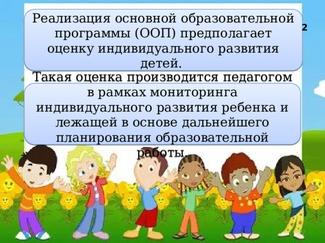       Реализация основной образовательной программы (ООП) предполагает оценку индивидуального развития детей.  2 Такая оценка производится педагогом в рамках мониторинга индивидуального развития ребенка и лежащей в основе дальнейшего планирования образовательной работы.  