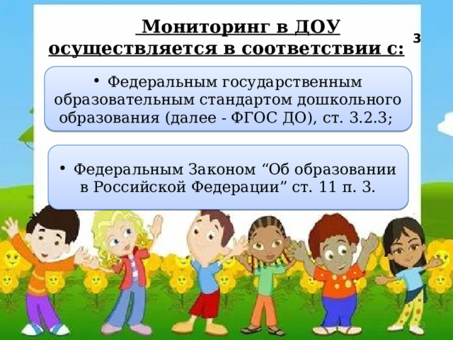   Мониторинг в ДОУ осуществляется в соответствии с:  3  Федеральным государственным образовательным стандартом дошкольного образования (далее - ФГОС ДО), ст. 3.2.3;  Федеральным Законом “Об образовании в Российской Федерации” ст. 11 п. 3.  