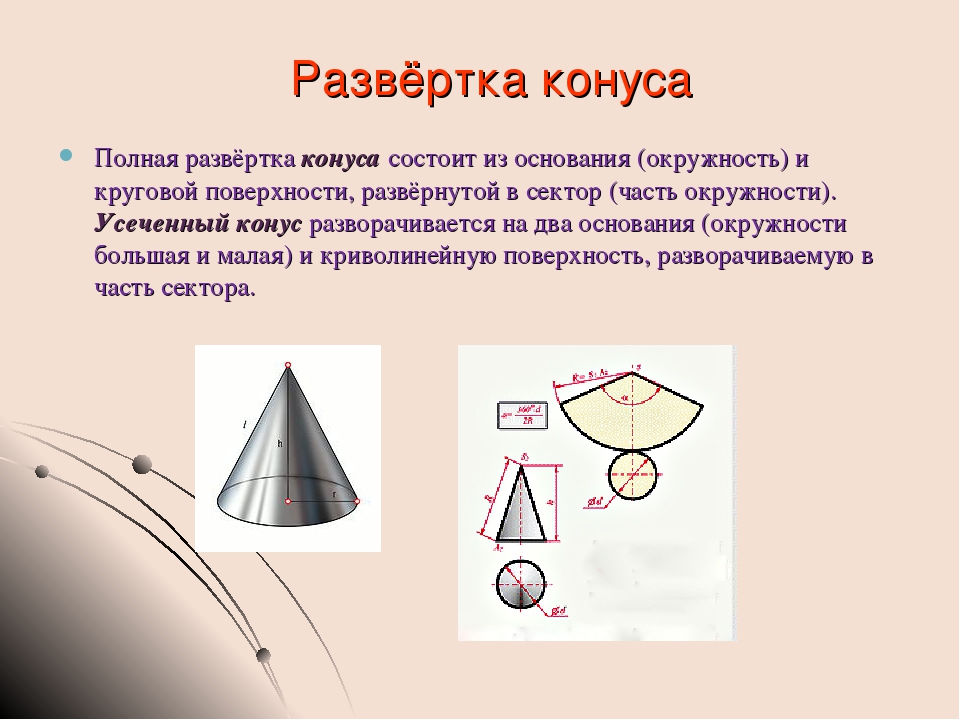 Виды конусов. Развертка обрезанного конуса. Развертка поверхности прямого кругового конуса. Развертка равностороннего конуса. Схема развертки усеченного конуса.