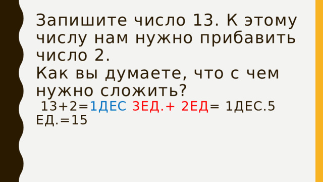 Запишите число 13. К этому числу нам нужно прибавить число 2.  Как вы думаете, что с чем нужно сложить?  13+2= 1дес  3ед.+ 2ед = 1дес.5 ед.=15   