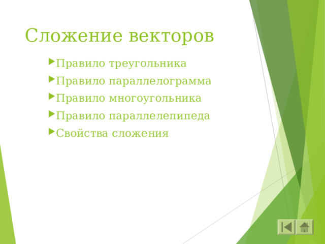 Сложение векторов  Правило треугольника Правило параллелограмма Правило многоугольника Правило параллелепипеда Свойства сложения 