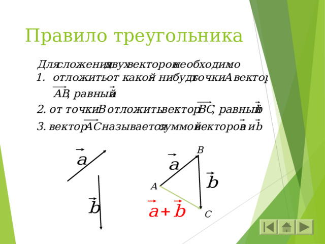 Правило треугольника B А C 
