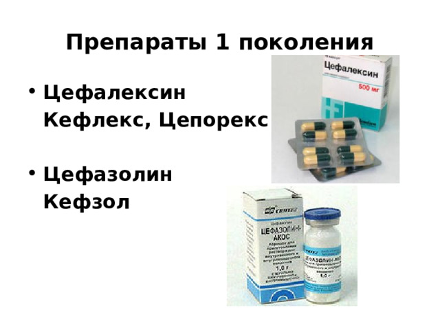 Препараты 1 поколения Цефалексин  Кефлекс, Цепорекс   Цефазолин  Кефзол 