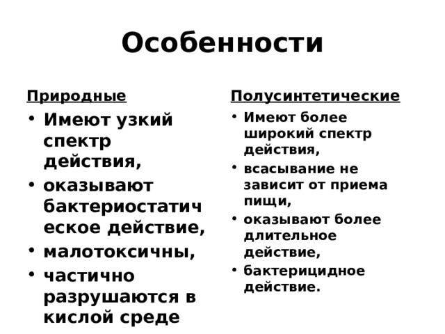 Особенности Природные Полусинтетические Имеют узкий спектр действия, оказывают бактериостатическое действие, малотоксичны, частично разрушаются в кислой среде желудка Имеют более широкий спектр действия, всасывание не зависит от приема пищи, оказывают более длительное действие, бактерицидное действие. 