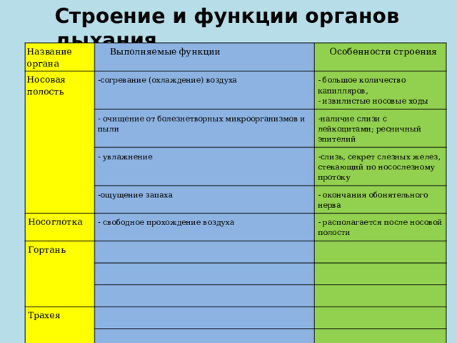 Строение и функции органов дыхания Название органа Выполняемые функции Носовая полость Особенности строения -согревание (охлаждение) воздуха - очищение от болезнетворных микроорганизмов и пыли - большое количество капилляров, - увлажнение -наличие слизи с лейкоцитами; ресничный эпителий - извилистые носовые ходы -слизь, секрет слезных желез, стекающий по носослезному протоку -ощущение запаха Носоглотка - окончания обонятельного нерва - свободное прохождение воздуха Гортань - располагается после носовой полости Трахея Бронхи Легкие 